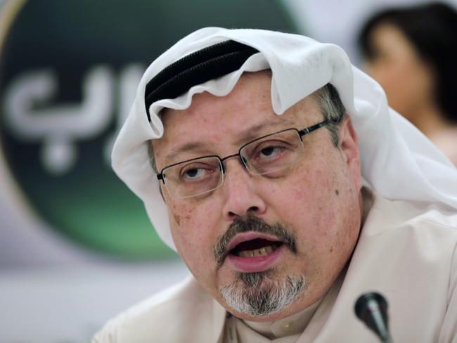 FILE - In this Feb. 1, 2015 file photo, Saudi journalist Jamal Khashoggi speaks during a news conference in Manama, Bahrain. Saudi Arabia is moving ahead with plans to hold a glitzy investment forum that kicks off Tuesday, Oct. 23, 2018, despite some of its most important speakers pulling out in the global outcry over the killing of Khashoggi. The meeting was intended to draw leading investors who could help underwrite Crown Prince Mohammed bin Salmanâ€™s ambitious plans to revamp the economy. (AP Photo/Hasan Jamali, File)