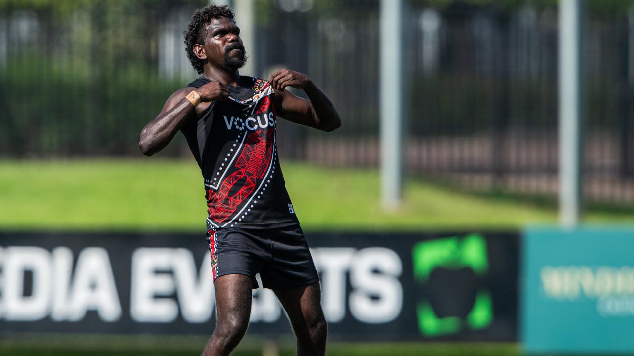 Brendan Kantilla celebrates a huge match for the Tiwi Bombers against Wanderers in the opening round of the 2024-25 NTFL season. Picture: Pema Tamang Pakhrin