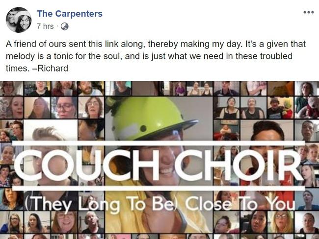 SOCIAL MEDIA IMAGE DISCUSS USE WITH YOUR EDITOR - Richard Carpenter from The Carpenters said the Couch Choir recroding had made his day.