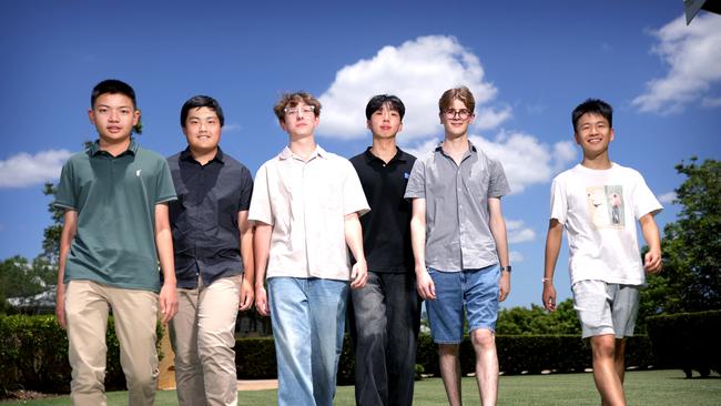 L to R, Michael Ye 17yrs, Joshua Liew 17yrs, Sam Wojcik 17yrs, Ben Eom 18yrs, Atticus Moore 17yrs, Alex Fung 18yrs and Dux the QCE Distinguished Academic Achiever Award Recipient, students at BBC for ATAR results, Brisbane Boys' College, Toowong - on Thursday 12th December 2024 - Photo Steve Pohlner