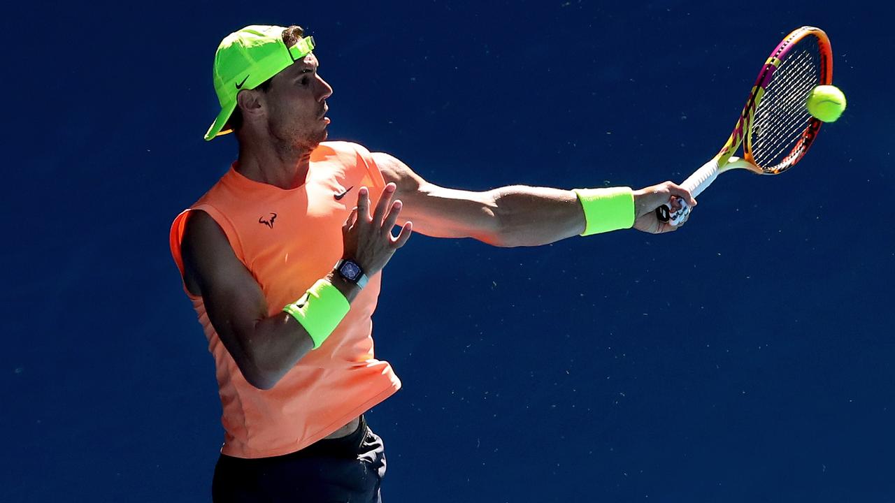 Rafael Nadal practises at Melbourne Park. Picture: Kelly Defina/Getty Images