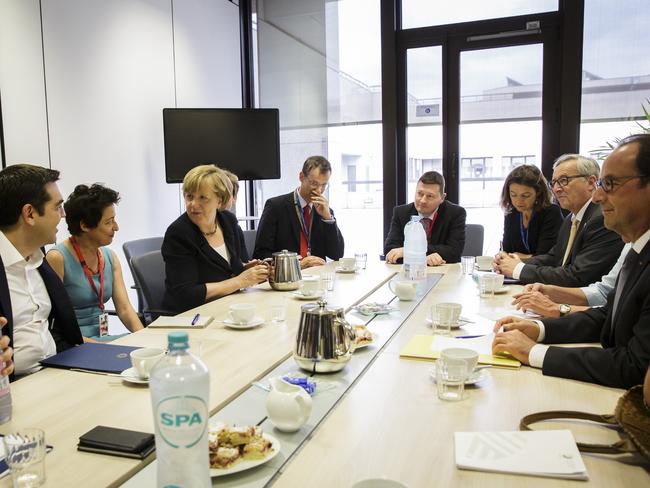 Testing times for Europe ... in this photo provided by the German Government Press Office (BPA), Greek Prime Minister Alexis Tsipras, German Chancellor Angela Merkel, European Commission President Jean-Claude Juncker (2nd R) and French President Francois Hollande (R) talk during a meeting prior to the emergency euro Summit. Picture: Photo by Bundesregierung via Getty Images