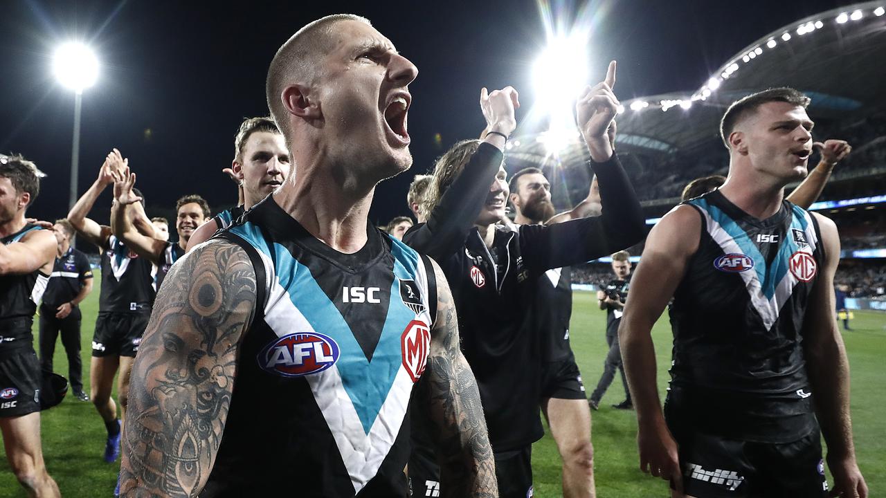 Hamish Hartlett celebrates the Power’s 2020 QF win. Picture: Getty Images