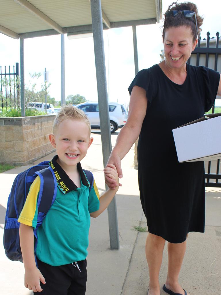 Braxtyn McCluny was excited for her first day of school at Moore Park Beach State School, accompanied by mother Wendy Powell.