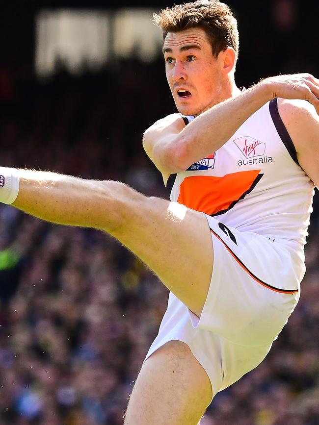 Coleman medallist Jeremy Cameron launches for goal in this year’s Grand Final.