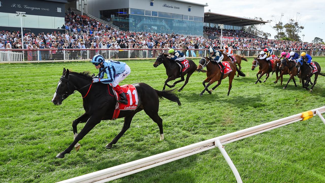 Onesmoothoperator (USA) ridden by Craig Williams wins the Ladbrokes Geelong Cup at Geelong Racecourse on October 23, 2024 in Geelong, Australia. (Reg Ryan/Racing Photos via Getty Images)