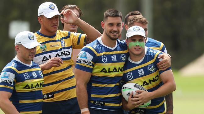 Mitchell Moses (right) with Ryan Matterson at Eels training. Picture: Brett Costello