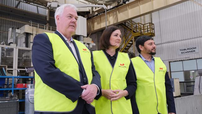 Geelong’s Marand Engineering CRO Rohan Stocker, federal senator Sarah Henderson and Liberal Candidate for Corio Manish Patel at the North Geelong facility. Picture: Mark Wilson