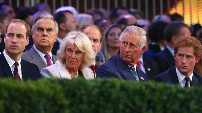 Prince William, Queen Camilla, King Charles, and Prince Harry in 2014. Picture: Getty Images for Jaguar Land Rover