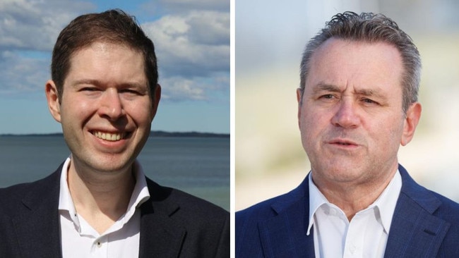 Edward McDougall (left) is looking to become the mayor of Bayside Council while serving as the chief of staff for Rockdale MP Steve Kamper (right). Picture: Supplied