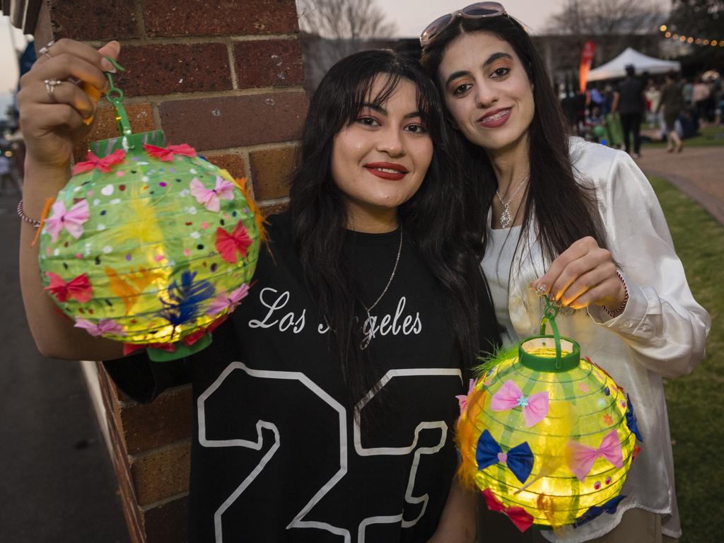 Raghda Alkhago (left) and Majida Bishar at Multicultural Australias Luminous Lantern Parade in the grounds of Empire Theatres, Saturday, August 12, 2023. Picture: Kevin Farmer