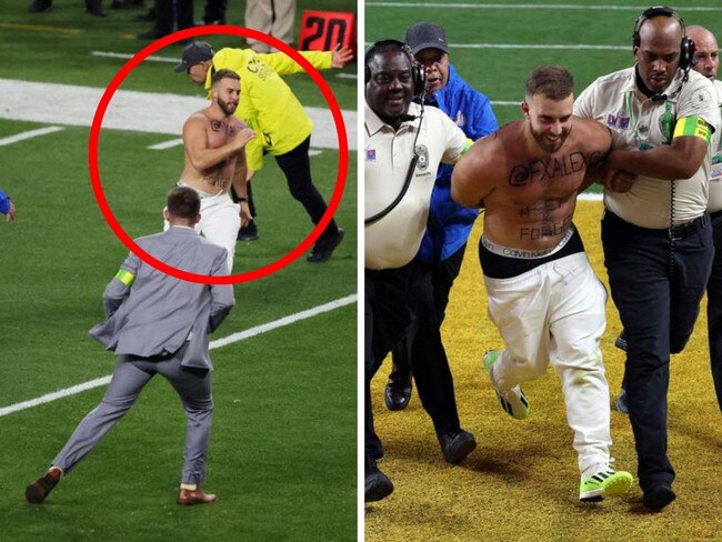 A streaker on the field during the Super Bowl
