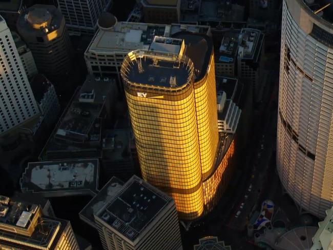 An aerial view of Mirvac's EY building at 200 George St. It has received international recognition for its design and construction since opening in mid-2016.