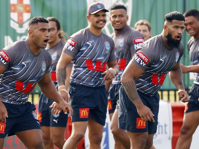 DAILY  TELEGRAPH - 25/5/23MUST NOT PUBLISH BEFORE CLEARING WITH PIC EDITOR - NSW Blues State of Origin players pictured at training this morning in Coogee. Tevita Pangai Jnr and Payne Haas pictured. Picture: Sam Ruttyn