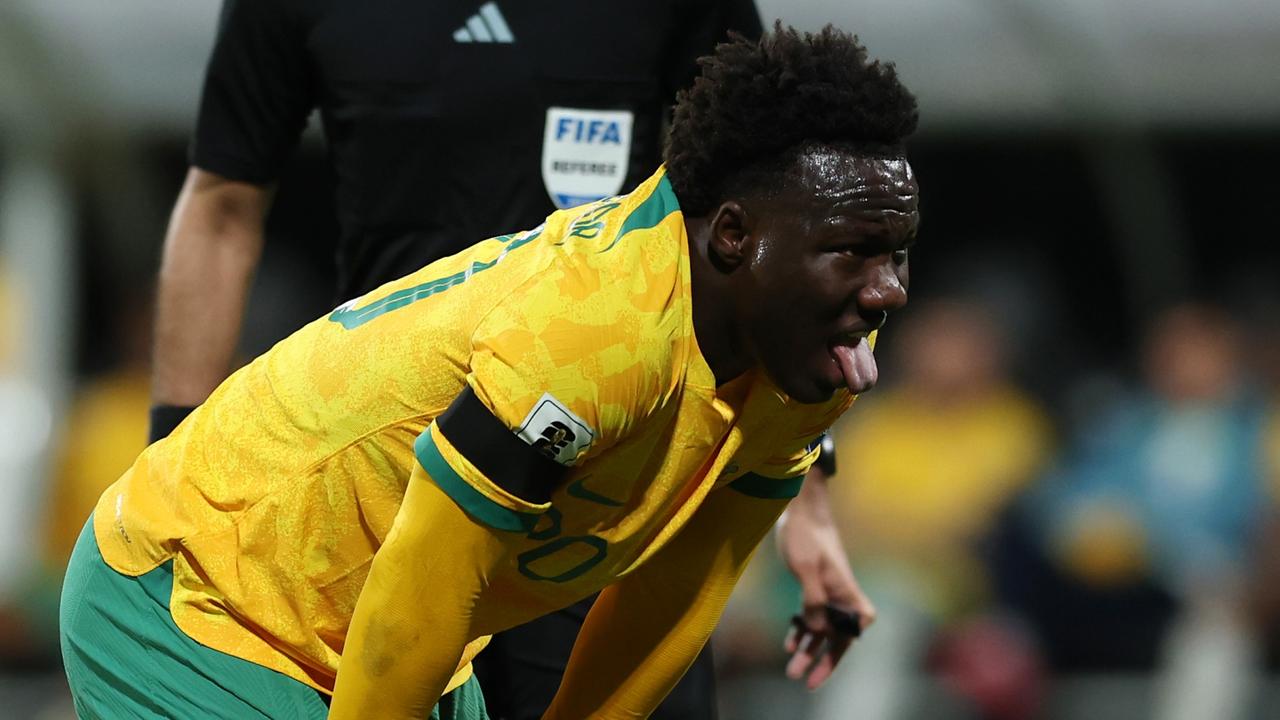 PERTH, AUSTRALIA - JUNE 11: Nestory Irankunda of the Socceroos lines under pressure from a penalty kickduring the Second Round FIFA World Cup 2026 Qualifier match between Australia Socceroos and Palestine at HBF Park on June 11, 2024 in Perth, Australia. (Photo by Will Russell/Getty Images)