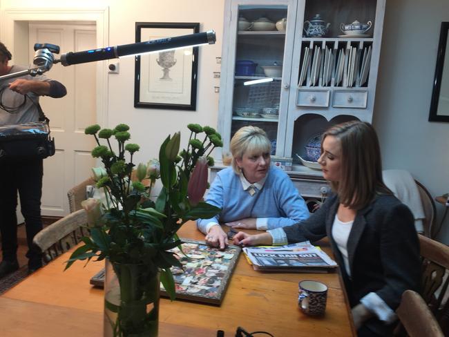 Hobart author and journalist Debi Marshall, left, at her Hobart home and, above, during the filming of Foxtel documentary Frozen Lies.