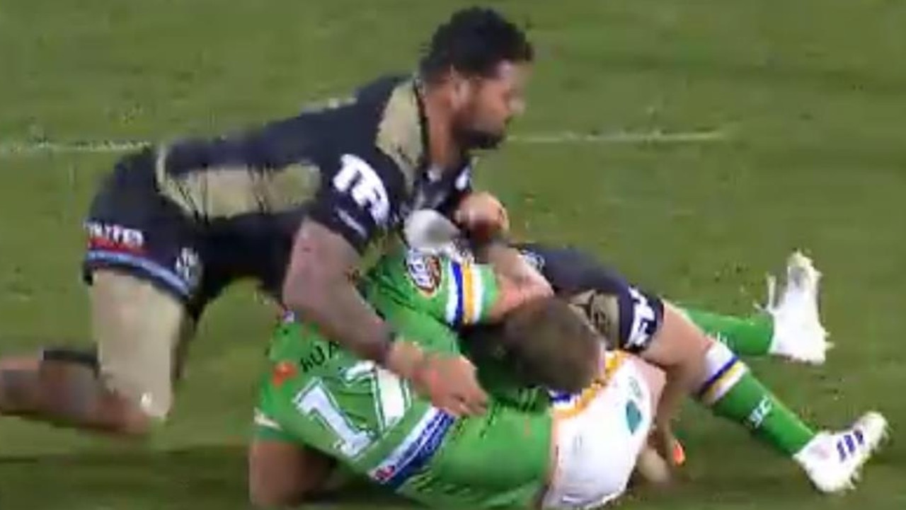 Cronulla's Andrew Fifita was charged for this crusher tackle against Canberra.