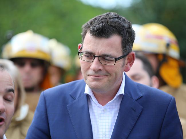 Minster Jane Garrett resigns from cabinet. Permier Daniel Andrews holds a press conference at Parliament with firefighters. Picture: Alex Coppel.