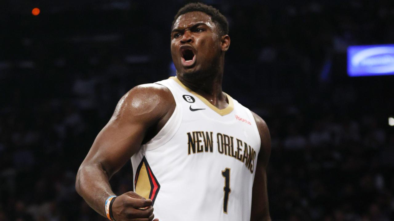 NEW YORK, NEW YORK - OCTOBER 19: Zion Williamson #1 of the New Orleans Pelicans reacts during the first half against the Brooklyn Nets at Barclays Center on October 19, 2022 in the Brooklyn borough of New York City. NOTE TO USER: User expressly acknowledges and agrees that, by downloading and or using this photograph, User is consenting to the terms and conditions of the Getty Images License Agreement. (Photo by Sarah Stier/Getty Images)