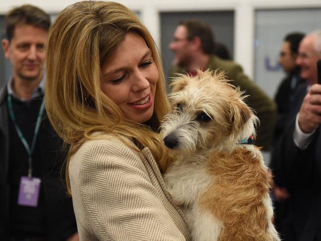 Carrie Symonds, partner of Prime Minister Boris Johnson, holding their dog, a jack russell-cross named Dilyn. Picture: Oli Scarff