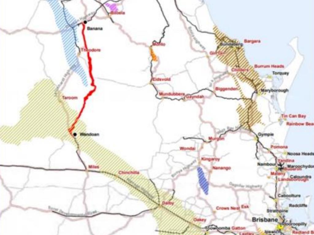 A map showing the proposed Inland Rail extension from Toowoomba (Oakey) to Gladstone, via Miles, Wandoan and Banana.