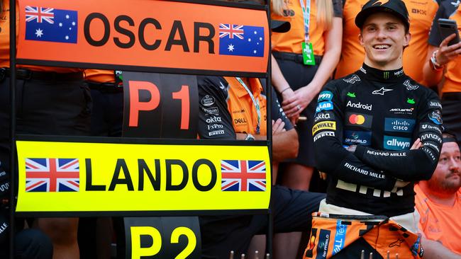 MIAMI, FLORIDA - MAY 04: Race winner Oscar Piastri of Australia and McLaren and the McLaren team celebrate during the F1 Grand Prix of Miami at Miami International Autodrome on May 04, 2025 in Miami, Florida.   Hector Vivas/Getty Images/AFP (Photo by Hector Vivas / GETTY IMAGES NORTH AMERICA / Getty Images via AFP)