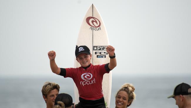 Tweed Heads surfer Quincy Symonds winning the 12-year girls' final at the Rip Curl GromSearch national final.