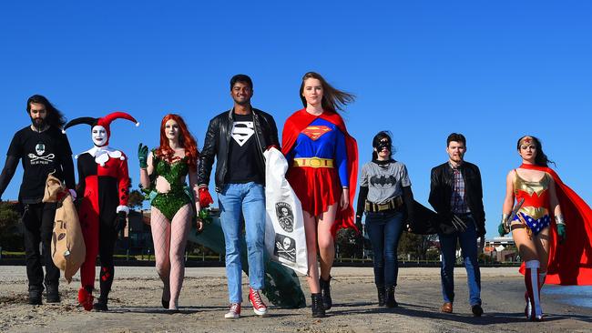 Aquaman, Harley Quinn, Poison Ivy, Batwoman, Wolverine and Wonder Woman with Cosplay Clean Up founders Sharan and Lauren. Picture: Josie Hayden