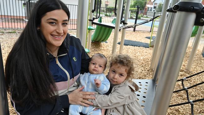 Torrensville Mum Kydonia Canino with Katerina, two, and Gianni, eight weeks .Picture: Belinda Willis,