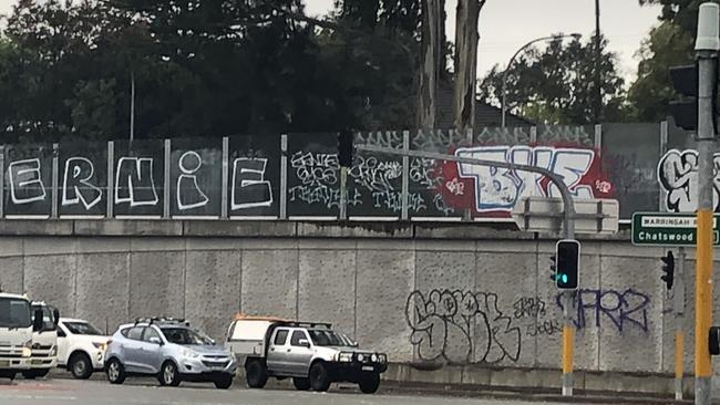 Ugly graffiti at the intersection of Warringah Rd and Forest Way, Frenchs Forest, on Monday. Picture: Jim O’Rourke