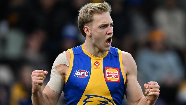 HOBART, AUSTRALIA - AUGUST 10: Oscar Allen of the Eagles celebrates a goal during the round 22 AFL match between North Melbourne Kangaroos and West Coast Eagles at Blundstone Arena, on August 10, 2024, in Hobart, Australia. (Photo by Steve Bell/Getty Images)