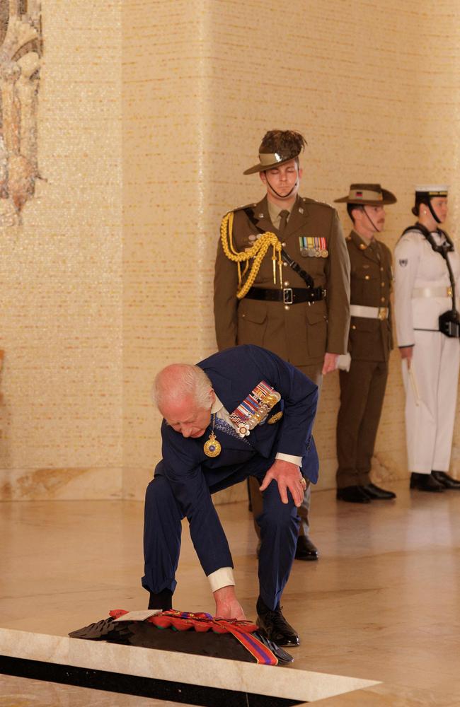 King Charles III lays a wreath at the Australian War Memorial in Canberra. Picture: AFP