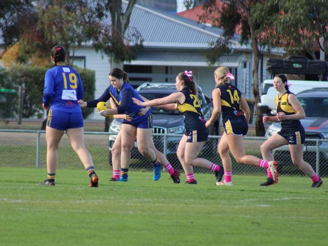 SFLW Community League - Action from Sorell v St Virgils during the annual Pink Sock-Carolyn Birch Memorial Match. Picture: Jake Garland