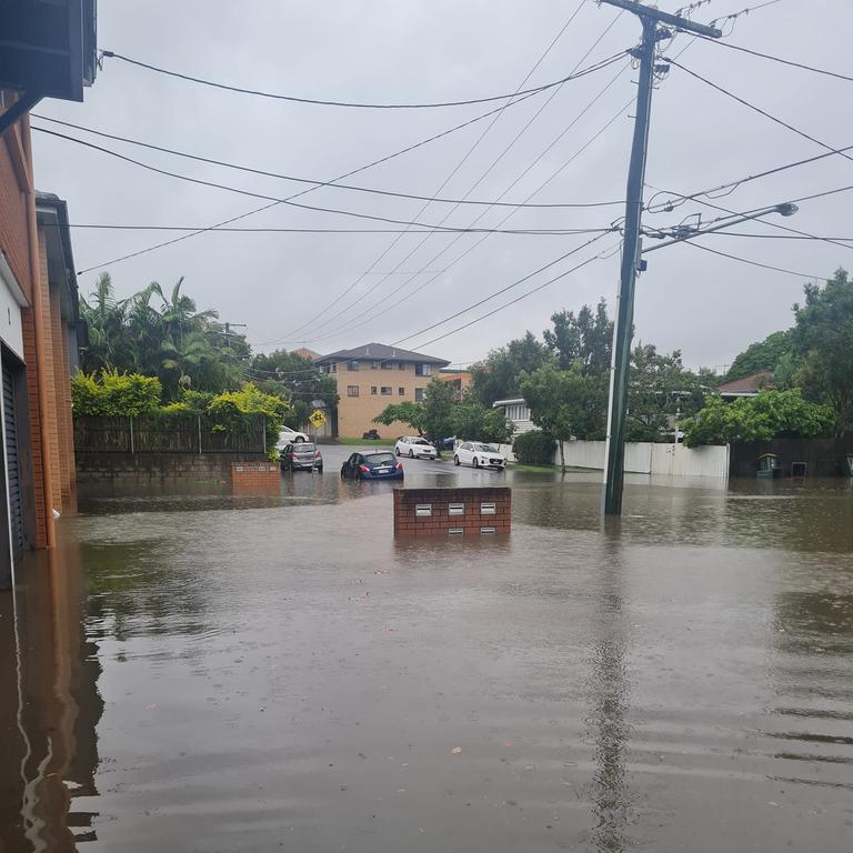 Flash flooding at Coorparoo after heavy rain. Picture: Damian Cole