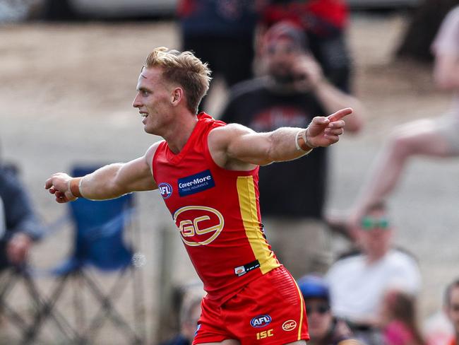 ADELAIDE, AUSTRALIA - MARCH 06: Darcy MacPherson of the Suns celebrates a goal during the 2020 Marsh Community Series match between the Adelaide Crows and the Gold Coast Suns at Flinders University Stadium on March 06, 2020 in Adelaide, Australia. (Photo by AFL Photos)