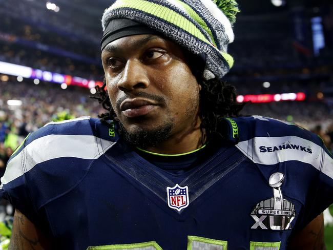 GLENDALE, AZ - FEBRUARY 01: Marshawn Lynch #24 of the Seattle Seahawks walks off the field at half time during Super Bowl XLIX at University of Phoenix Stadium on February 1, 2015 in Glendale, Arizona. (Photo by Christian Petersen/Getty Images)