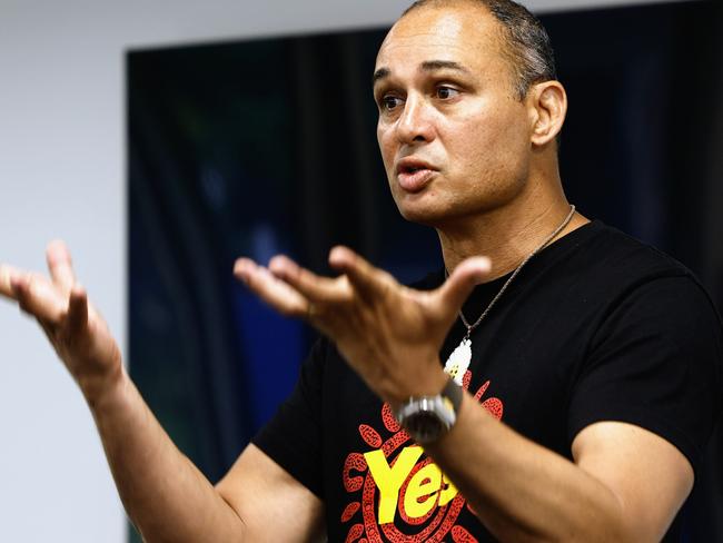 Indigenous leader Thomas Mayo speaks to a small but passionate crowd about his support for the Aboriginal and Torres Strait Islander Voice to Parliament referendum on October 14 at a public forum and Q&A session at Wuchopperan Health Service, Manoora. Picture: Brendan Radke