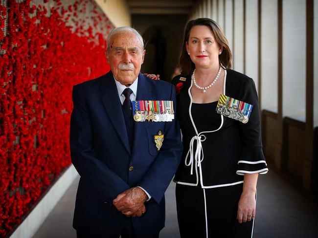 Colonel Susan Neuhaus with 97 year old World War II Veteran Bob Semple, who also spoke at the service in Canberra. Picture: Kym Smith