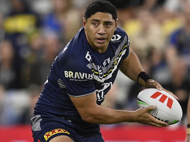 TOWNSVILLE, AUSTRALIA - JULY 06: Jason Taumalolo of the Cowboys looks to pass the ball during the round 18 NRL match between North Queensland Cowboys and Manly Sea Eagles at Qld Country Bank Stadium, on July 06, 2024, in Townsville, Australia. (Photo by Ian Hitchcock/Getty Images)