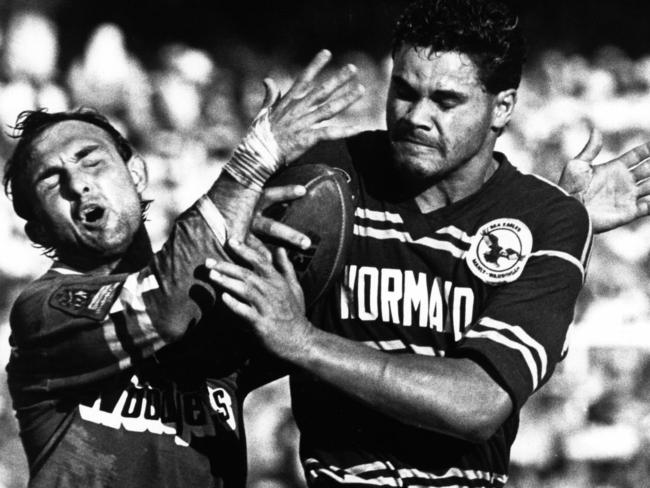 Darrell Williams is tackled by Ivan Henjak during the 1987 Manly versus Canberra grand final. Picture: News Corp