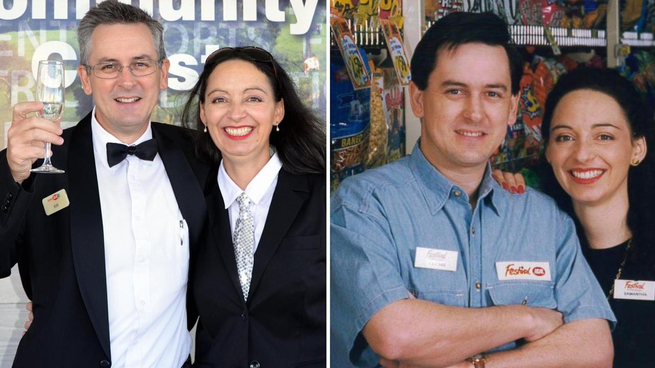 Rob and Sam Outridge from Maleny’s IGA from 2012 and 1997. Picture: File/Contributed