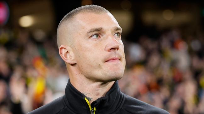 MELBOURNE, AUSTRALIA - AUGUST 24: Retiree Dustin Martin of the Tigers looks on whilst participating in a lap of honour during the 2024 AFL Round 24 match between the Richmond Tigers and the Gold Coast SUNS at The Melbourne Cricket Ground on August 24, 2024 in Melbourne, Australia. (Photo by Dylan Burns/AFL Photos via Getty Images)