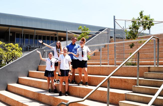 MacKillop Catholic College students Tahlia Kirkham-Chandler, Brooke Phelan, Ronan Korisan, Amelia Cole and Madison Fleming with some of the school’s new infrastructure. Picture: KATRINA BRIDGEFORD.