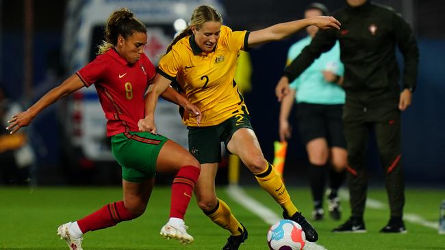 Courtney Nevin playing for the Matildas against Portugal in a friendly International in 2022. Picture: Gualter Fatia/Getty Images