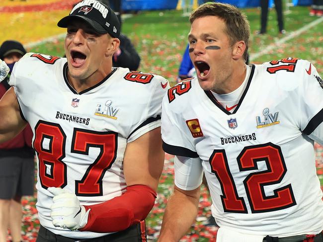 TAMPA, FLORIDA - FEBRUARY 07: Tom Brady #12 and Rob Gronkowski #87 of the Tampa Bay Buccaneers celebrate winning Super Bowl LV at Raymond James Stadium on February 07, 2021 in Tampa, Florida. (Photo by Mike Ehrmann/Getty Images)