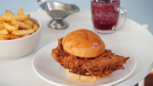 The fab fried chicken sandwich with crinkle cut chips. Picture: Rebecca Michael