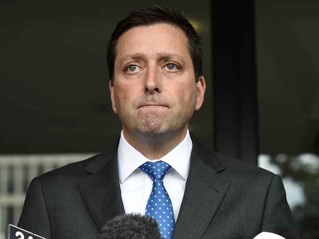 MELBOURNE, AUSTRALIA - NewsWire Photos AUGUST 4, 2022: Victorian Opposition Leader Matthew Guy is grilled my reporters at Parliament House in Melbourne about his involvement in a Liberal Party donor scandal. Picture: NCA NewsWire / Andrew Henshaw