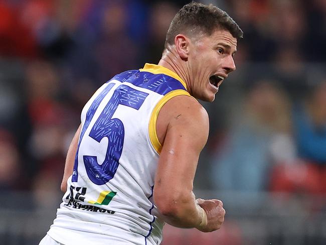 SYDNEY, AUSTRALIA - JUNE 04: Dayne Zorko of the Lions celebrates after scoring a goal during the round 12 AFL match between the Melbourne Demons and the Brisbane Lions at GIANTS Stadium on June 04, 2021 in Sydney, Australia. (Photo by Mark Kolbe/Getty Images)