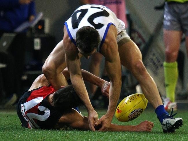 Levi Greenwood was reported for this incident with Mark Baguley. Picture: George Salpigtidis