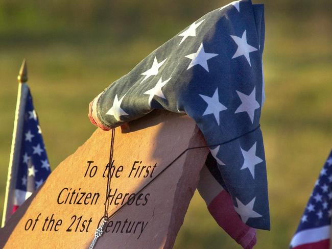A temporary memorial at the crash site in Shanksville, Pennsylvania called the passengers ‘The first citizen heroes of the 21st century.’ Picture: AP PicGene/Puskar